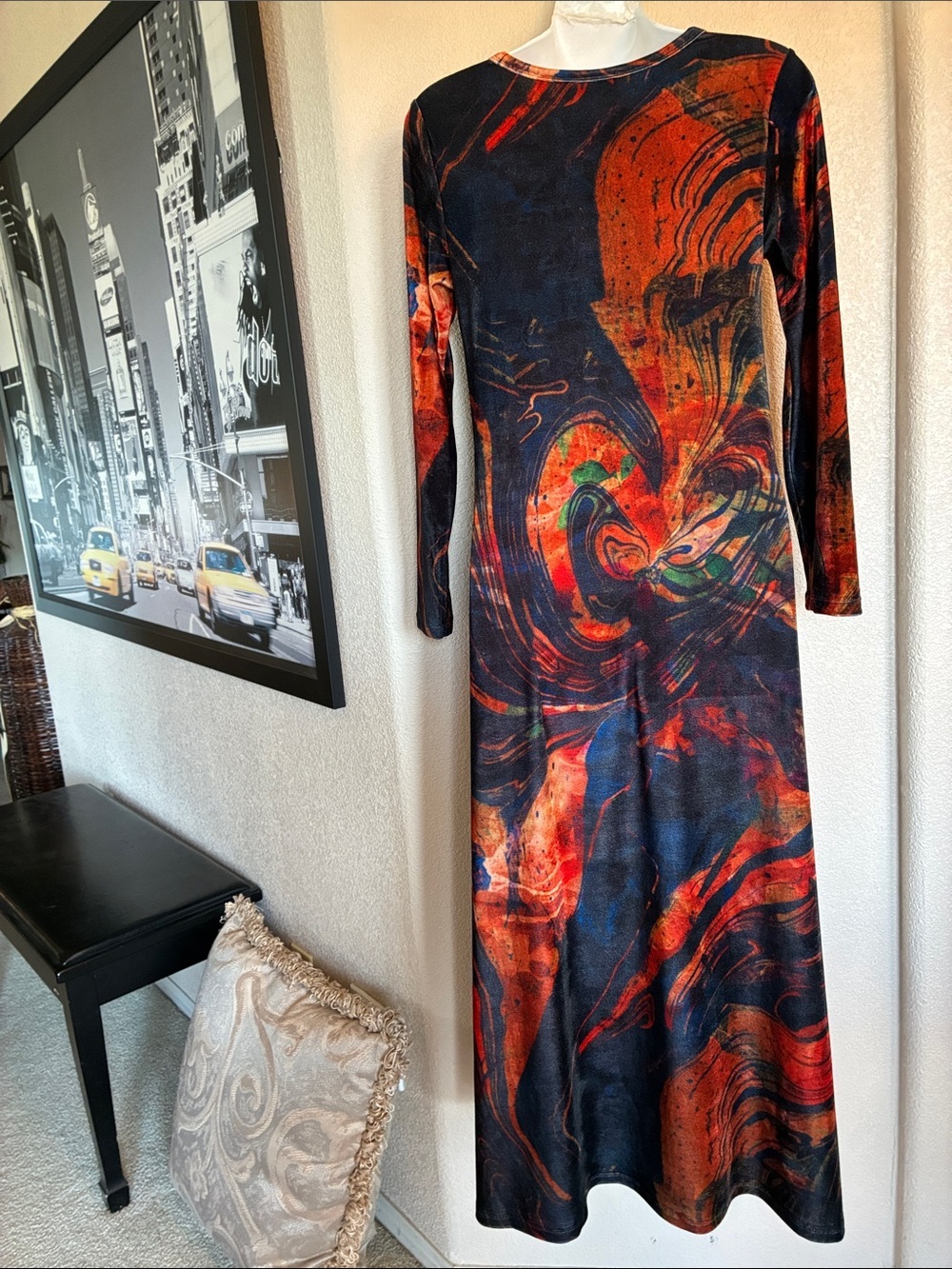 Soft Surroundings maxi dress women's PXS Red/Black Marble-Print cozy velour. Euc - Picture 4 of 16